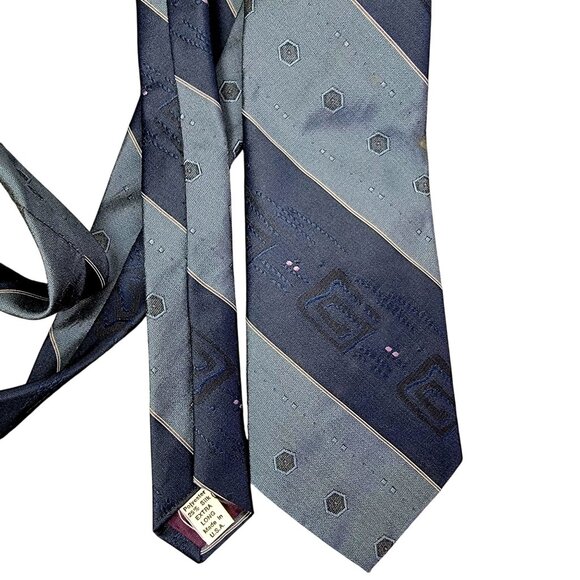 Vintage 70s Blue Silk Neck Tie Men Accessories Geometric Embroidered Formal Work - Picture 13 of 16